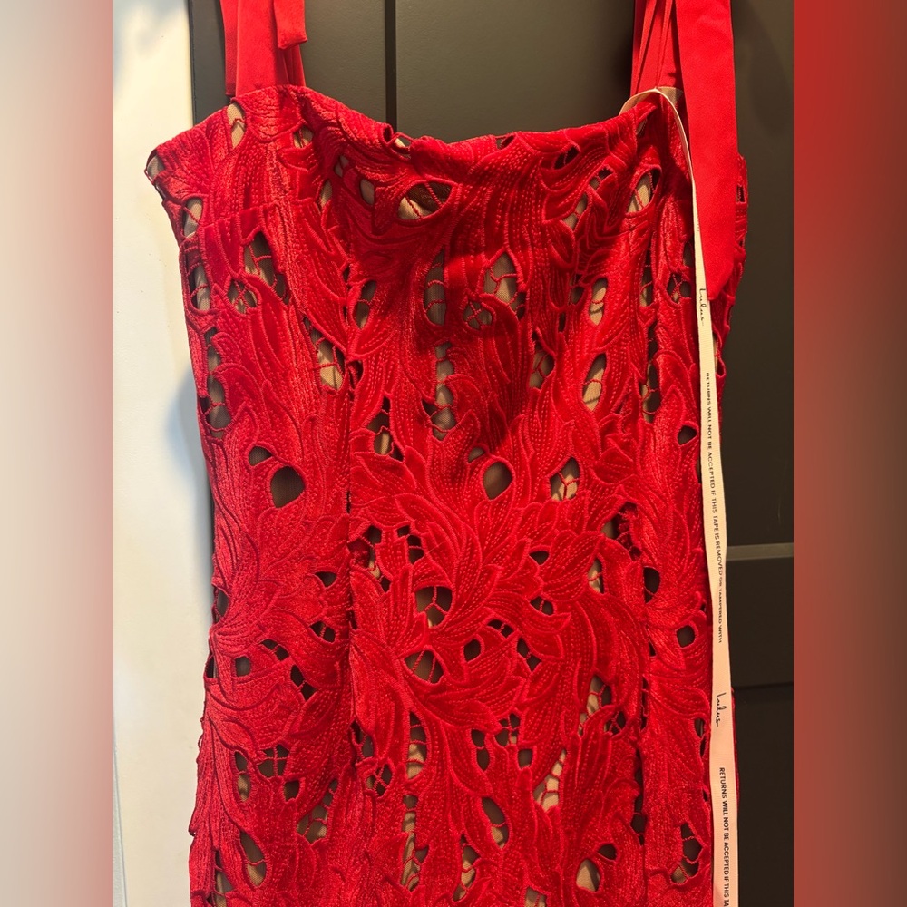 Lulus Ramsey Red Embroidered Tie Strap Maxi Dress Evening Gown Medium NWT NEW - Picture 6 of 12